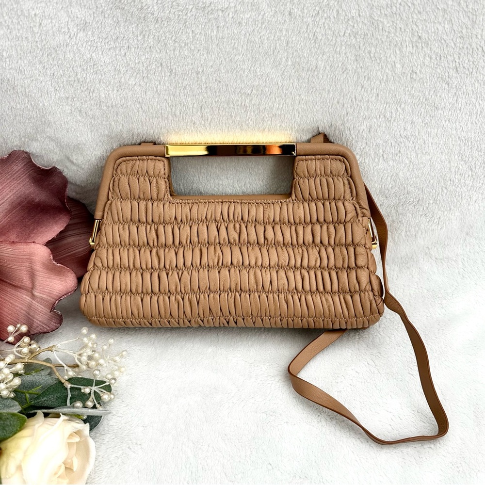 DeMellier Mini Seville Light Tan Clutch Purse Ruched Leather - Picture 2 of 16